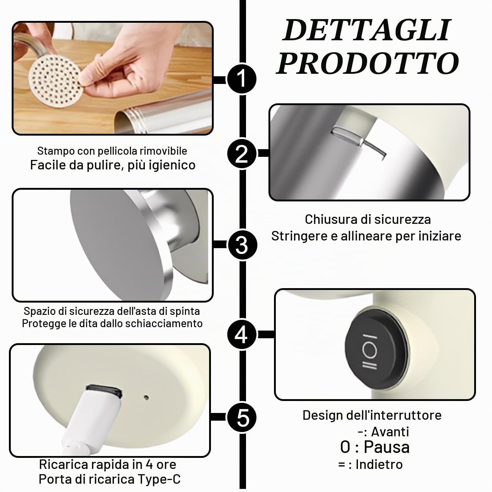 Macchina per Pasta Elettrica, Macchina per Pasta Ricaricabile, Macchinas per La Pasta Fresca Con 5 Stampi per Pasta, Torchio per Pasta in Acciaio Inossidabile per Picnic O Domestico