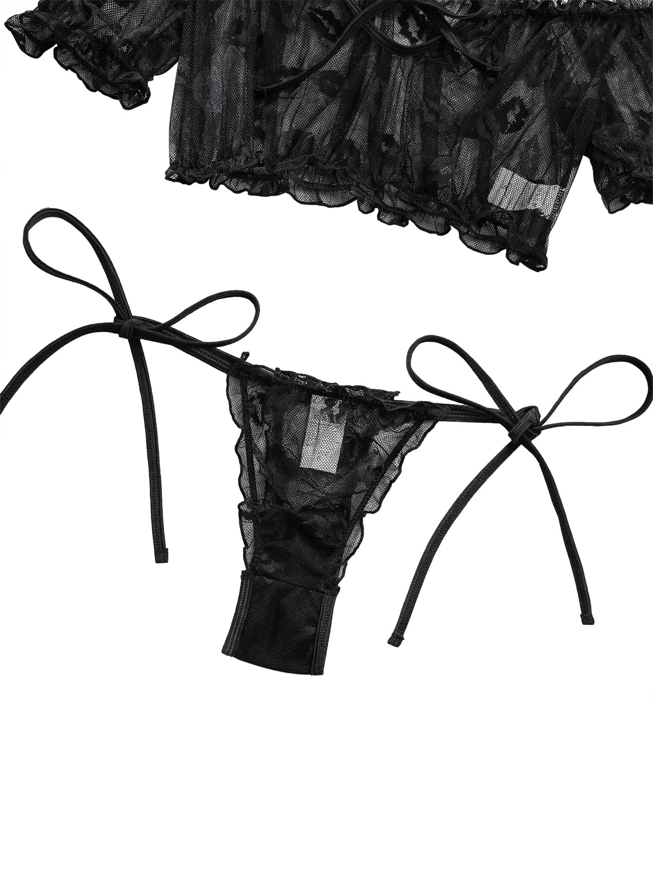 Lilosy Sexy Stretch Ruffle Tie Sheer Mesh Lingerie Set Outfits: 2X-Small Lips Sheer Black