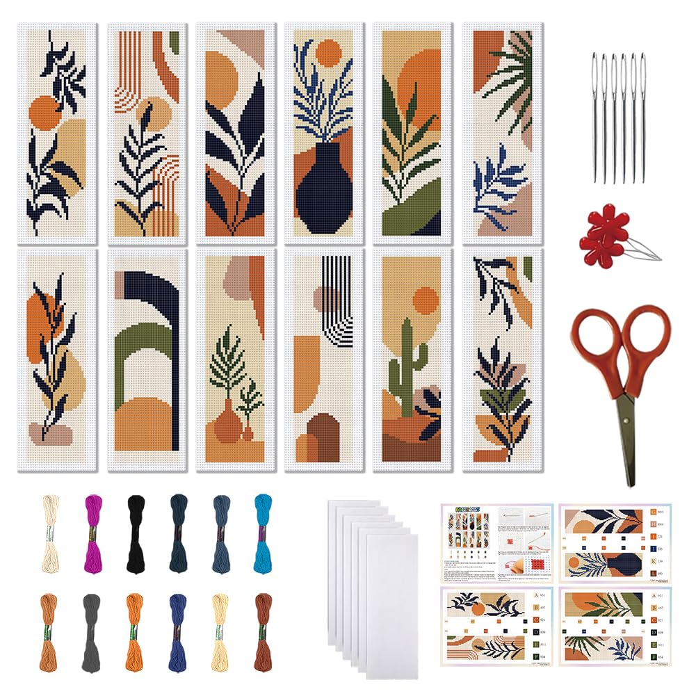 FREEBLOSS 12 Set Cross Stitch Bookmark Kit 11 CT Stamped Cross Stitch Kit DIY Embroidery Bookmark Kits for Adult Beginners with Instructions 6 x 20 cm/8" x 2.4", Bohemia Pattern