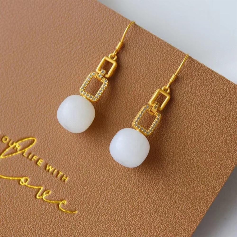 S925 Silver And Gold Plated With Natural White Jade Geometric Earrings1 for Women Yoga Genuine