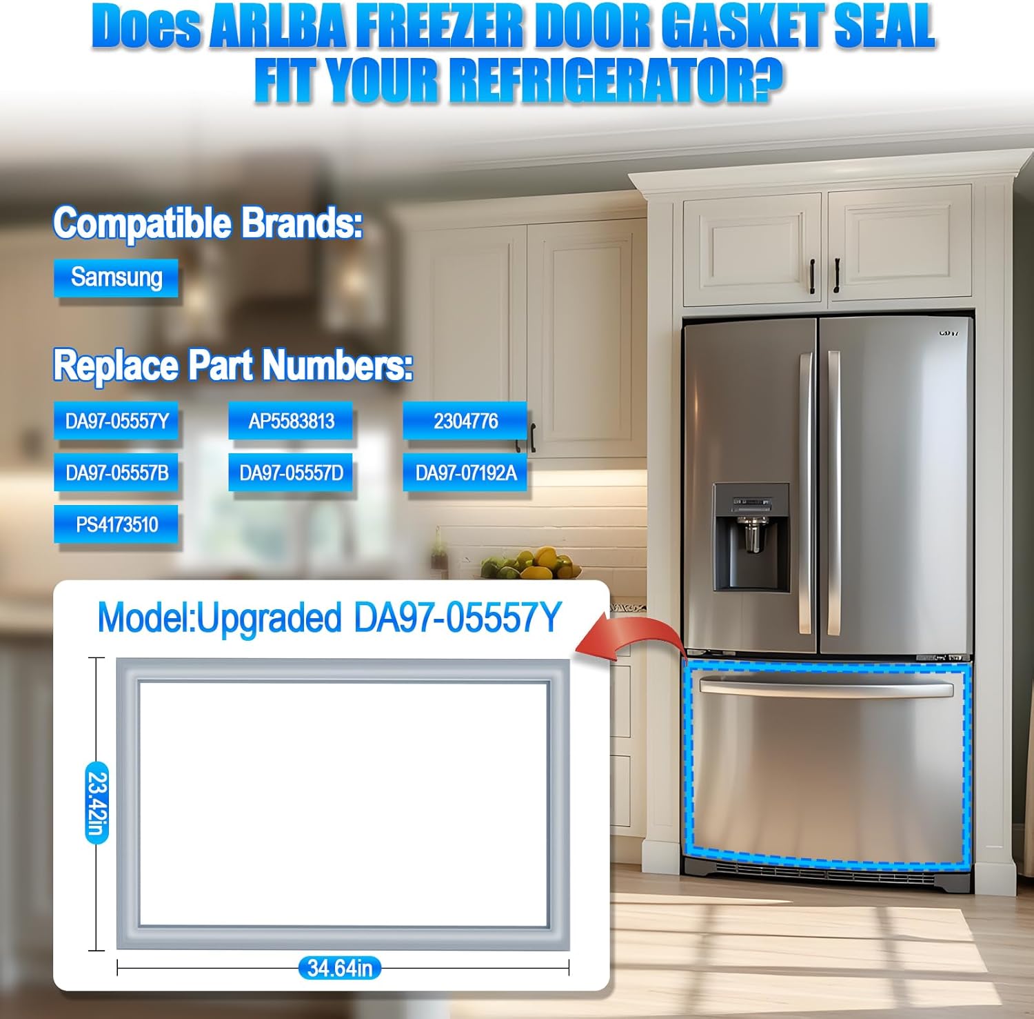 Upgraded DA97-05557Y Refrigerator Freezer Door Gasket Replacement Part Compatible with Frigidaire Crosley Kenmore Freezer Door Seal Replaces AP5583813,2304776, DA97-05557B,DA97-05557D,PS4173510
