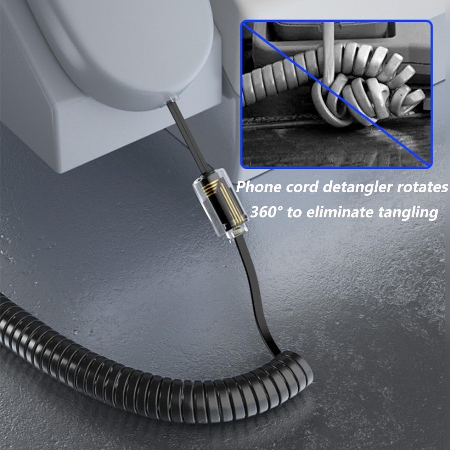Desenredador de cable de teléfono para teléfono fijo, cable de teléfono fijo de 10 pies, sin enrollar y antienredos, cable giratorio de 360 grados (negro) (4)