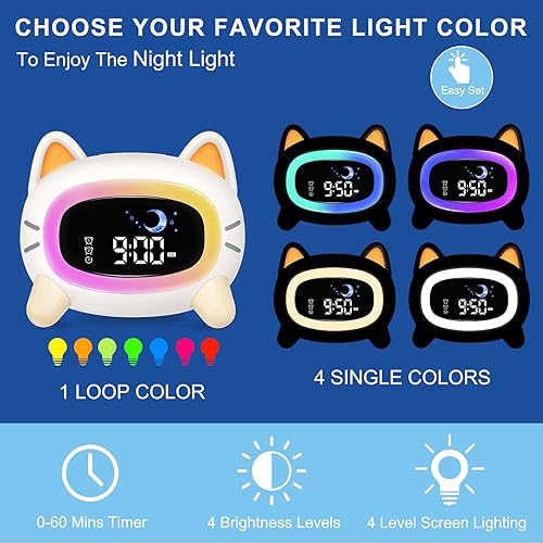 Miniatura 4 de Monebena Reloj despertador para niños, lindo reloj despertador OK to Wake para niños, reloj de entrenamiento del sueño con luz nocturna y máquina de