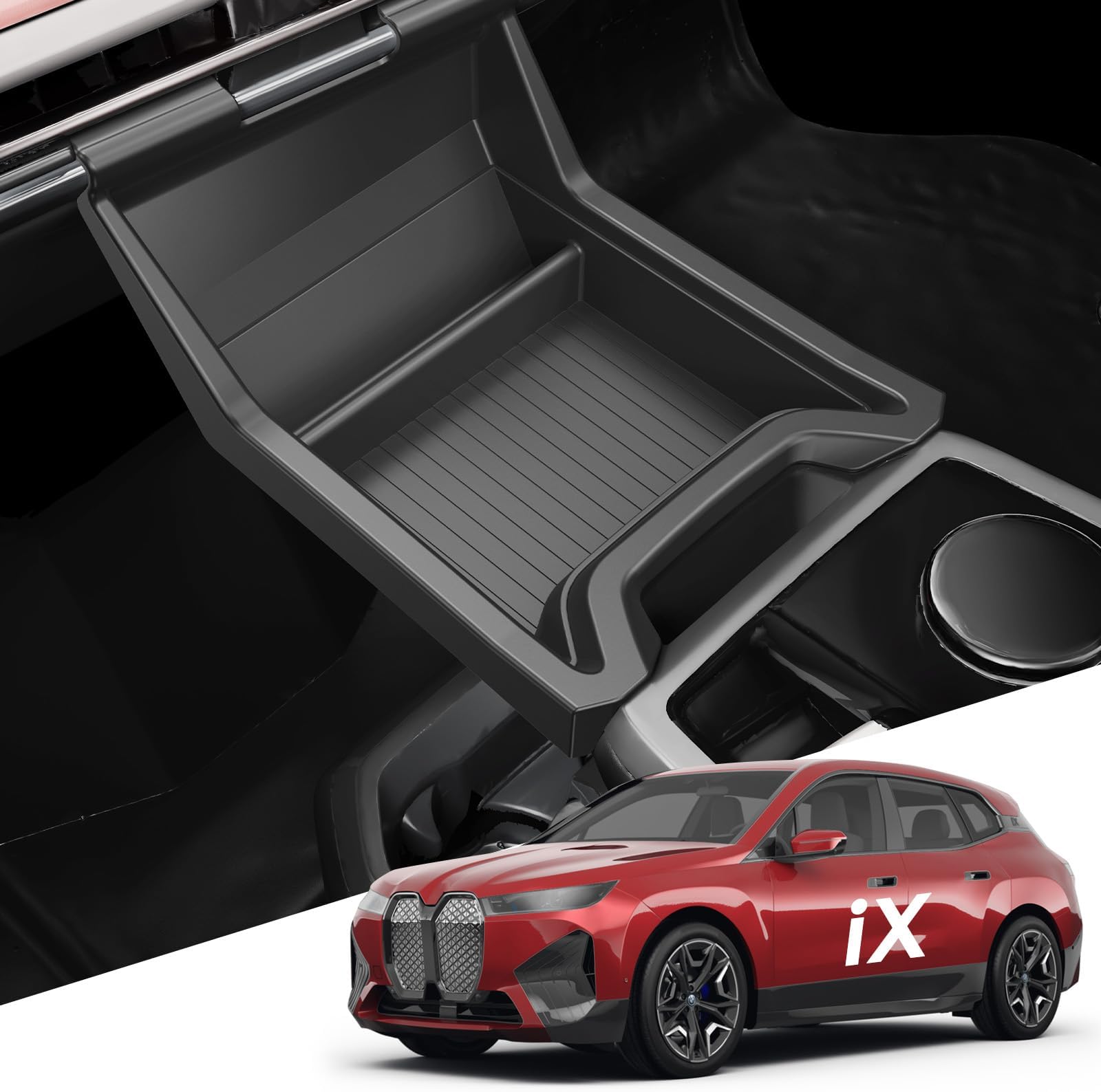 For BMW iX Center Console Tray - Compatible with 2022-2025 BMW iX Center Console Organizer Tray [2.5mm Thickened ABS Material] [2025 Patented Design] with Anti-Slip Thick Liquid Silicone Mat-Black
