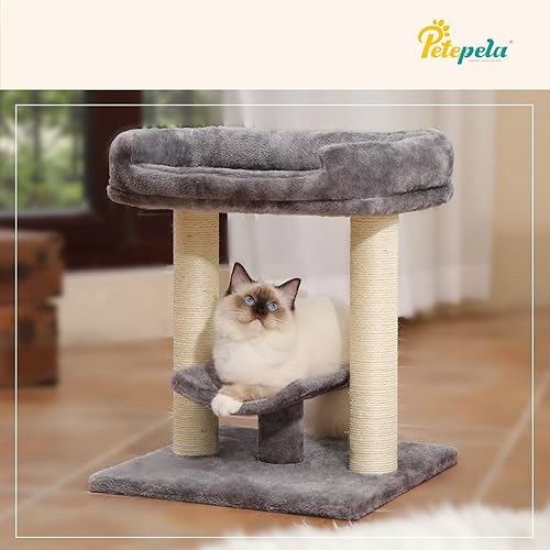 Miniatura 6 de PETEPELA Poste rascador de 19 pulgadas, torre de árbol para gatos, rascador de sisal 100% natural con cama grande de felpa superior, plataforma Gris