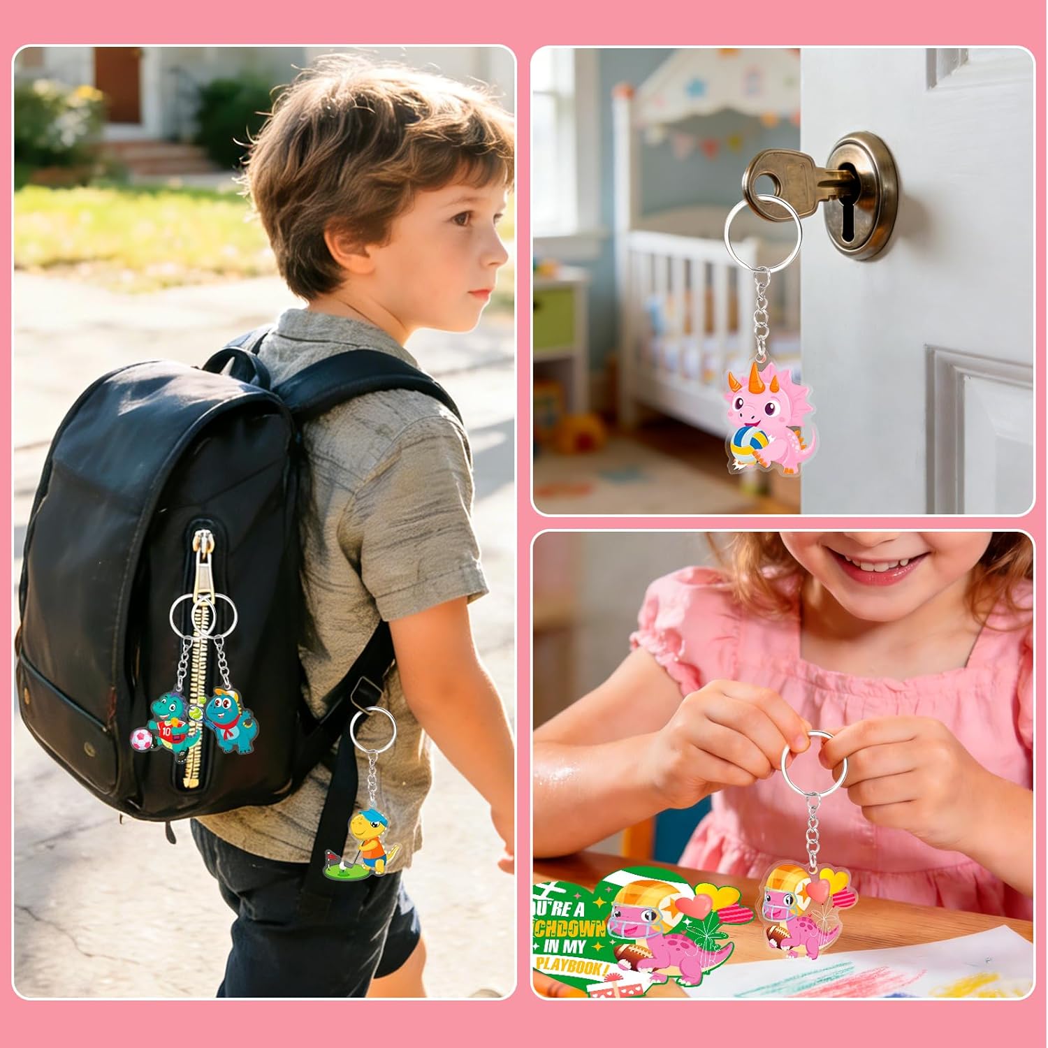 HOWAF Valentines Day Gifts for Kids, 24 Dinosaur Sports Theme Valentines Cards for Kids Classroom and 24 Keychains,Valentines Day Cards for Kids School Boys Girls Exchange Valentines Party Favors