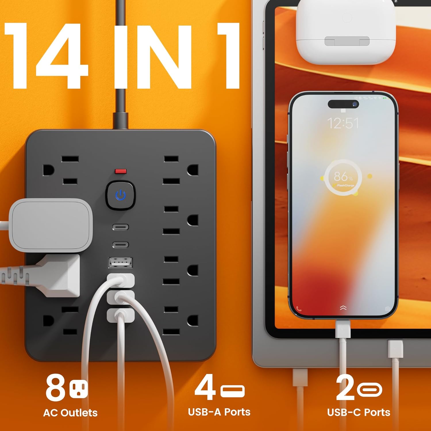 10 Ft Power Strip Surge Protector, Flat Extension Cord with 8 AC Outlets, 6 USB Ports (2 USB C) & One-Touch Switch, Wall Mountable Desk Charging Station for Office Home Travel, Black