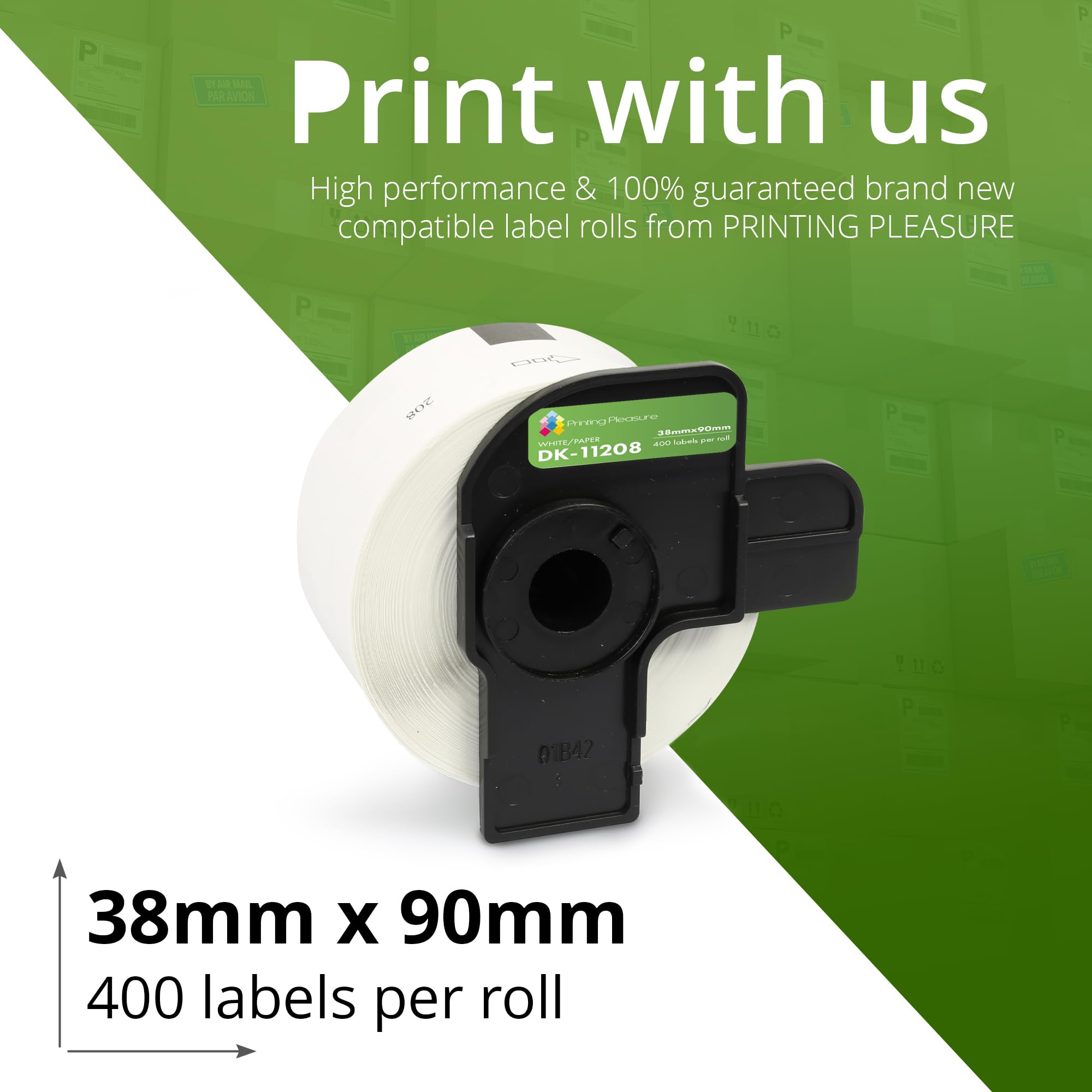 Printing Pleasure 20x DK-11208 Etichette d'Indirizzo Bianche 38mm x 90mm Compatibili con Brother P-Touch QL-1050 QL-1060N QL-1100 QL-1110NWB QL-500 QL-580N QL-720NW QL-820 NWB