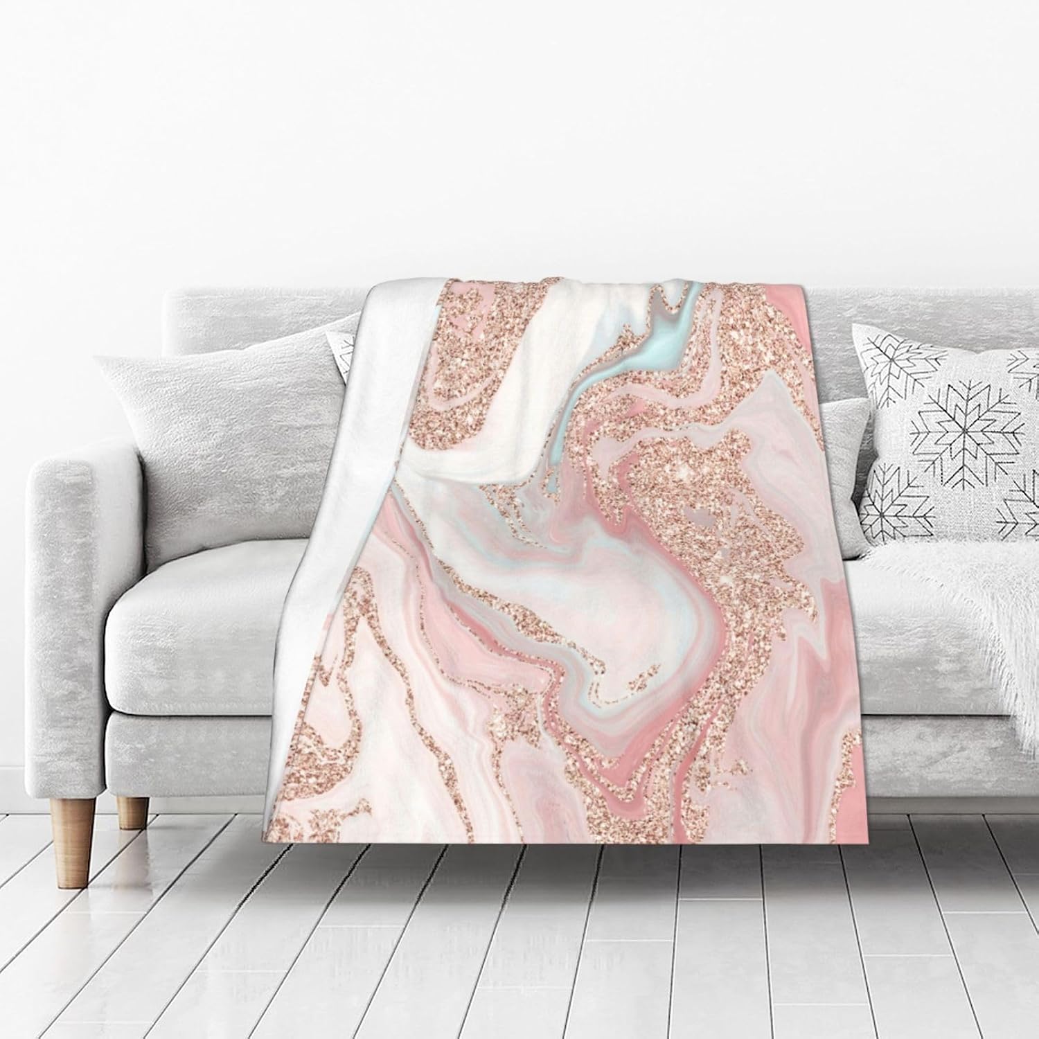 Rose Gold Glitter Coral Gray Pastel Marble Fleece Throw Blanket Super Soft Flannel Cozy Washable Fuzzy Blanket for Couch Sofa Bed Office Travel Camping Warm Plush Blankets for All Season (50"x40")