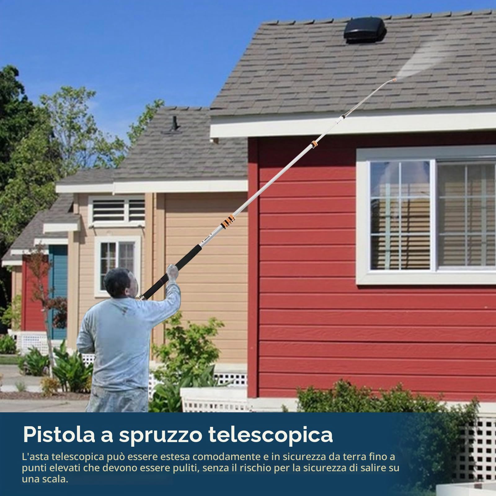 Asta di pulizia telescopica ad alta pressione, 7,5 m, strumento di pulizia della grondaia retrattile con 5 punte di ugello spray con manico telescopico per tetto, recinzione, grondaia