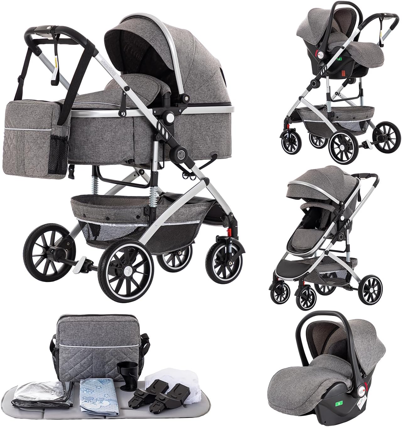 Kakbgee 3 in 1 Baby Stroller, Pushchair One-Click Folding, City Pram Travel System,Baby Buggy, Carrycot & Car Seat Unit with Mosquito Net, High Landscape Stroller for Newborn 0-4Years, Gray