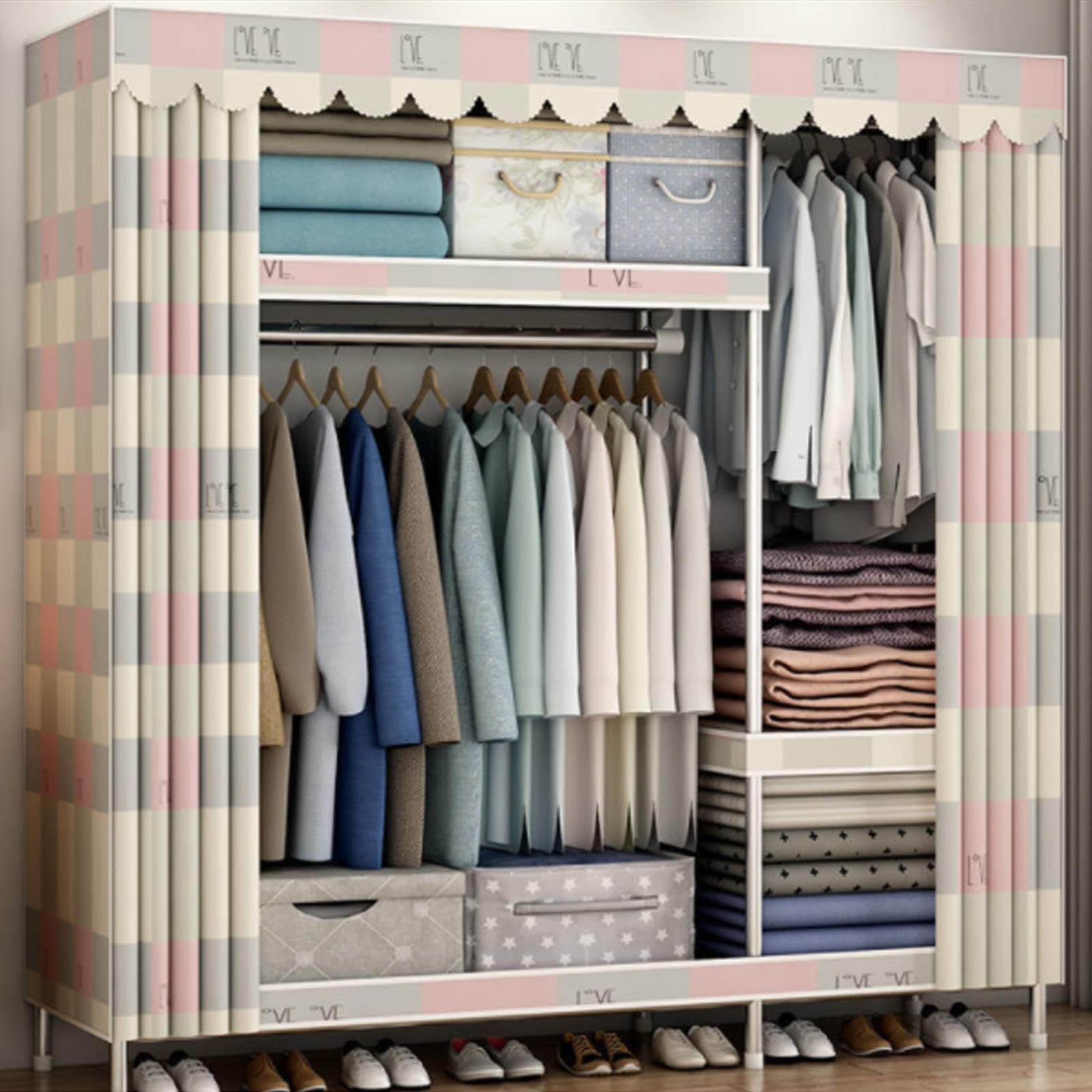 Kleiderschrank, tragbarer Canvas-Kleiderschrank, Schrank-Organizer mit Kleiderstange, Stoff-Kleiderschrank für Schlafzimmer, Wohnzimmer, 128 x 45 x 172 cm