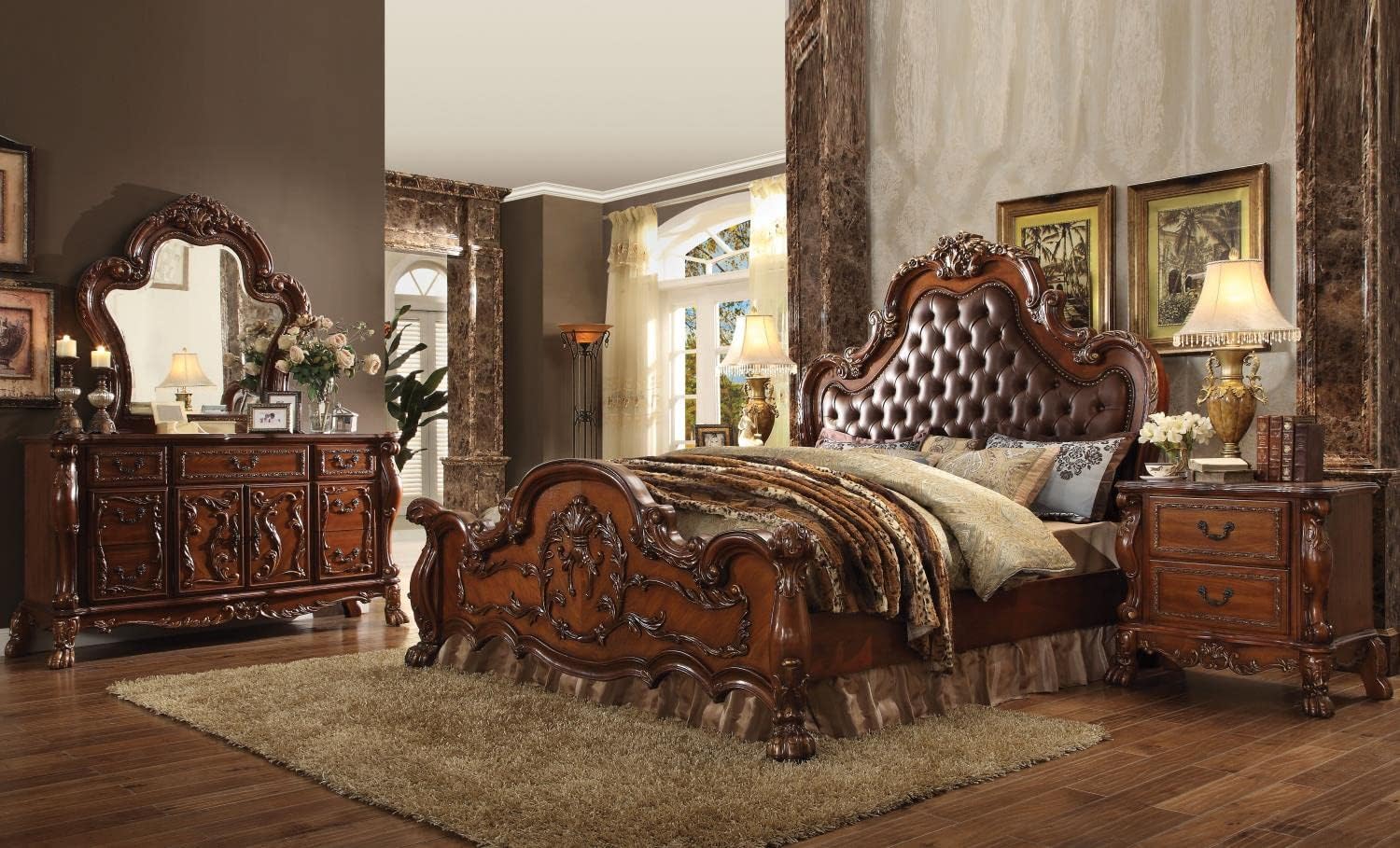 Amazon.com: ACME Dresden Queen Bed - 23140Q - PU & Cherry Oak