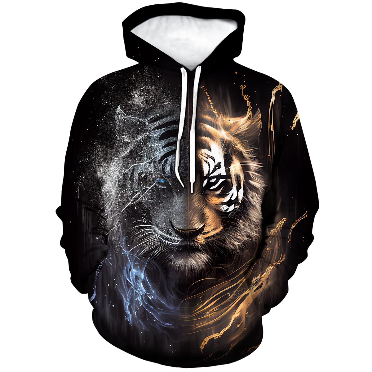 Laoliusn Men's Black Tiger Hoodie - Animal Theme, Realistic Graphic Sweatshirt, Medium