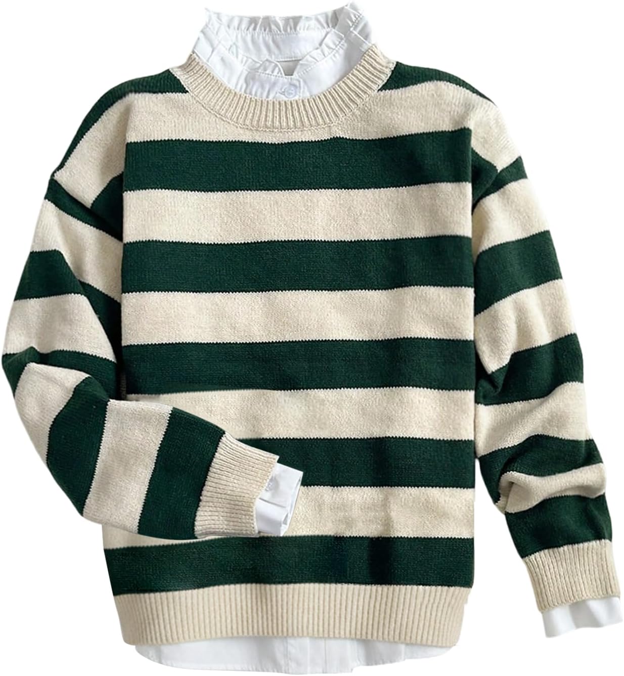 Women's Striped Ribbed Knit Sweaters Crew Neck Long Sleeve Pullover Sweaters Fall Jumpers