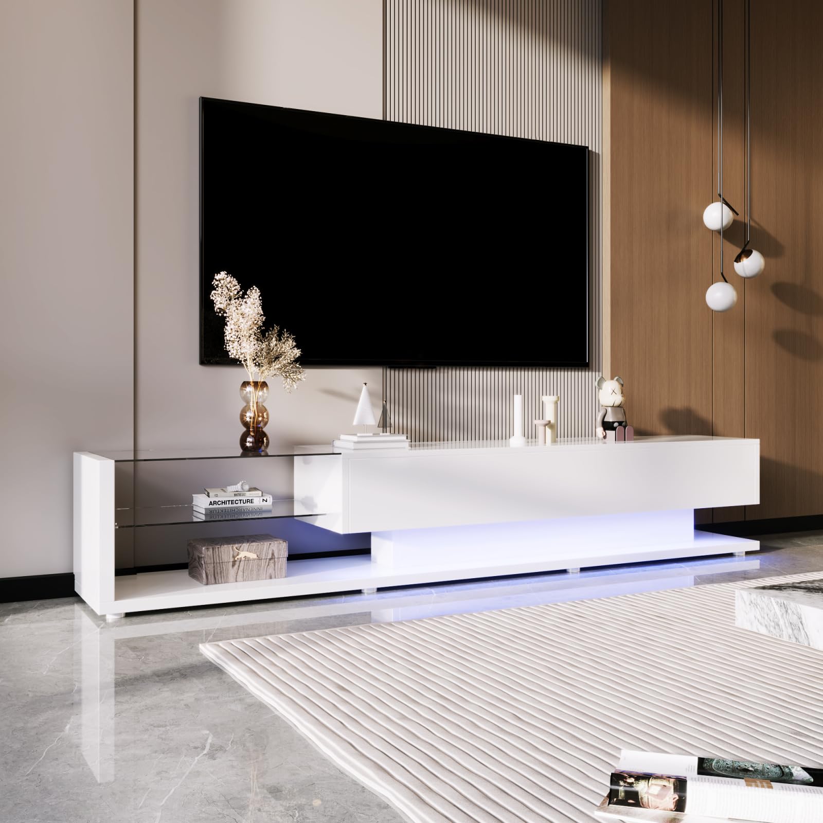 scaffale tv con luci led regolabili e due cassetti
