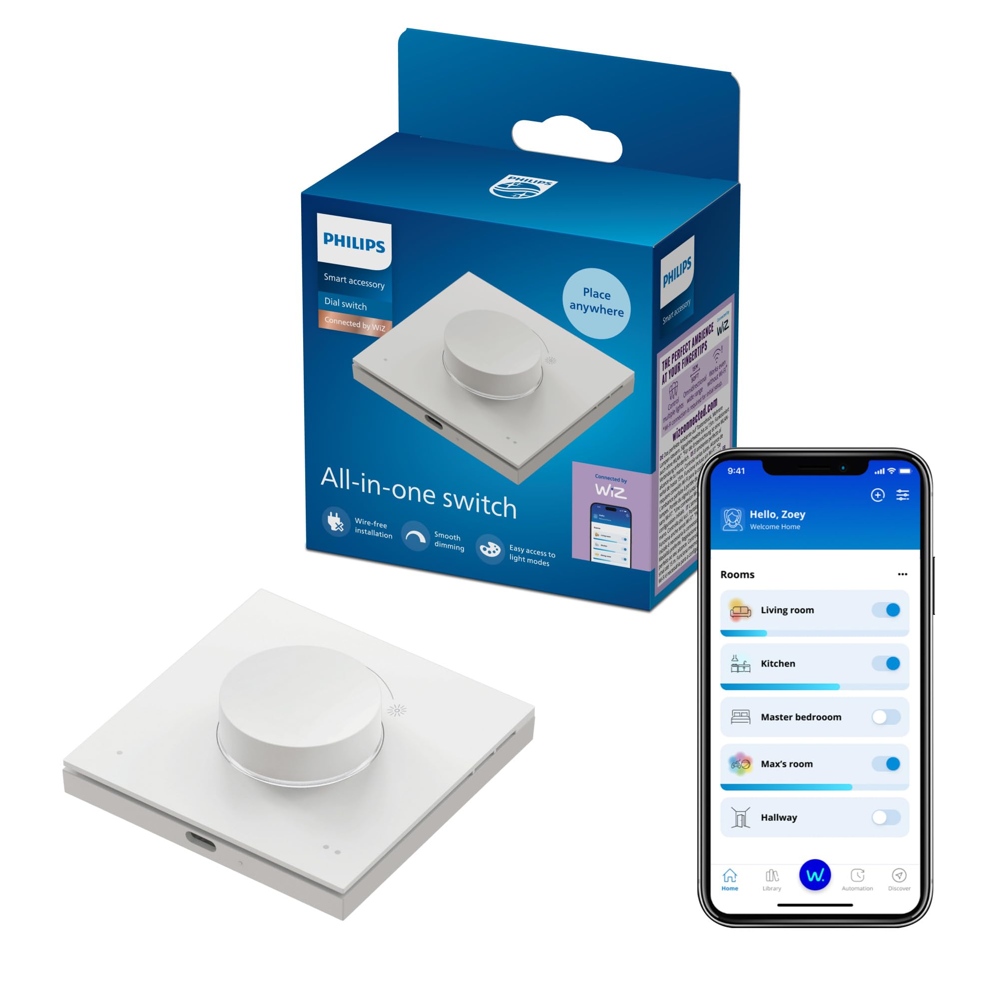 Philips Smart Lighting Smart Dial Lichtschalter, Komfortable Steuerung, Dimmen, Anpassbare Tasten, Wiederaufladbarer Akku, Funktioniert ohne WLAN, Connected by WiZ, 1er Pack