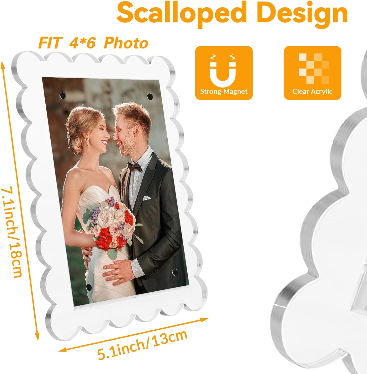 3 PACK 4 x 6 Picture Frame，Acrylic Clear Scalloped Photo Frame with Magnetic Holder for Vertical and Horizontal, Magnetic Picture Frames for Refrigerator and Desktop Display