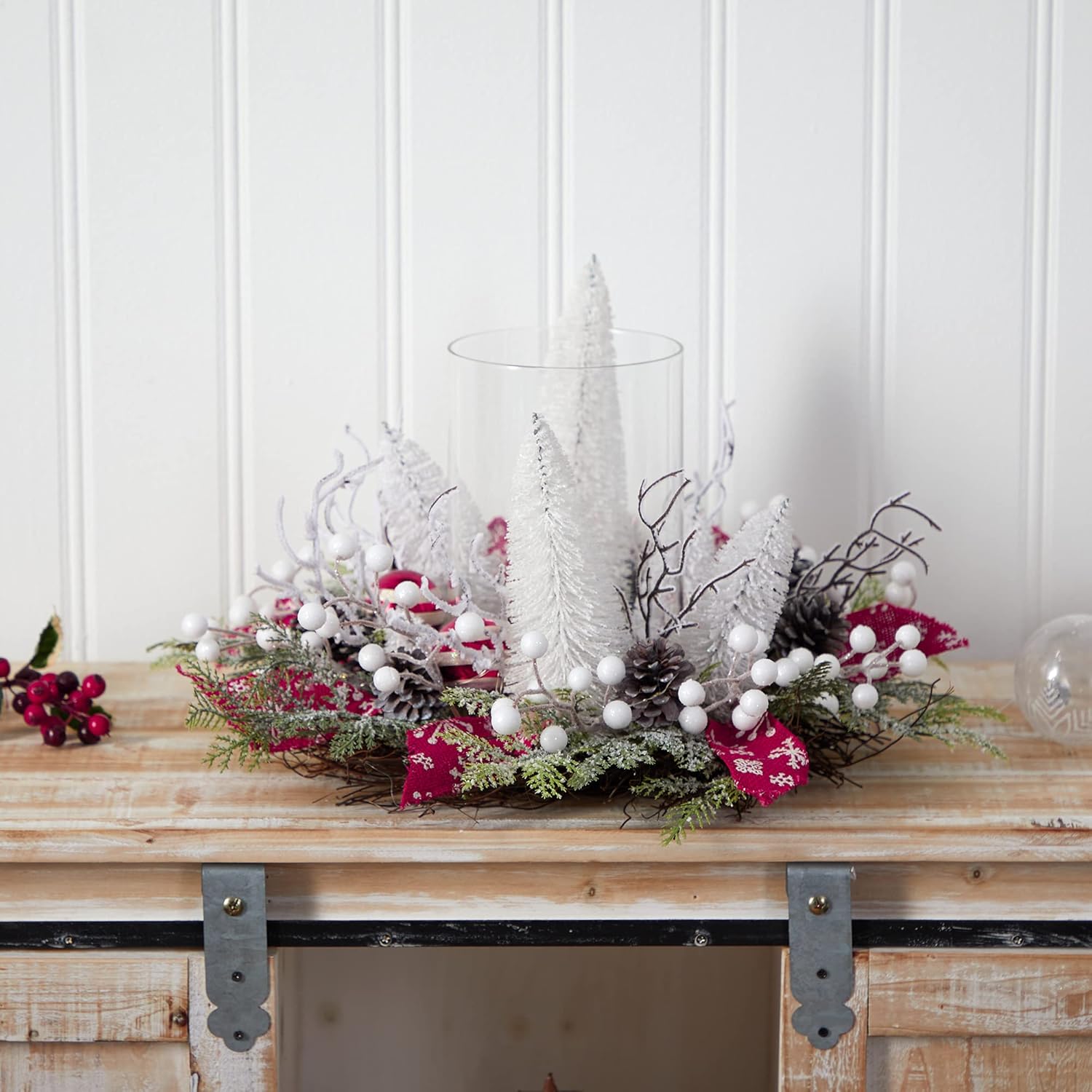 Nearly Natural 15in. Holiday Lighted Forest Candle Holder Table Christmas Artificial Arrangement