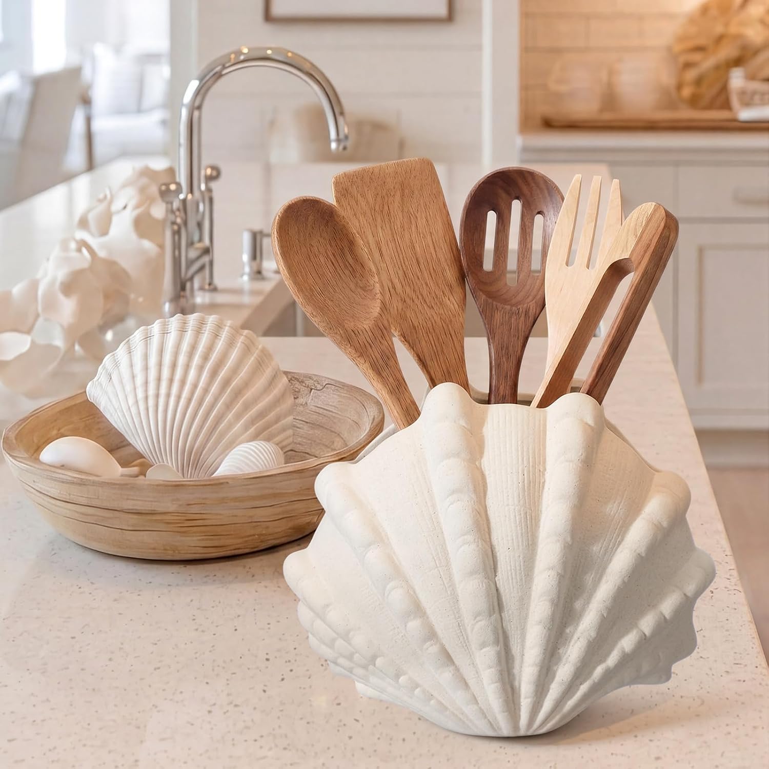Hushee Coastal Shell Ceramic Utensil Holder, Cute 3D Decorative Kitchen Crock 7.6*9" Modern Kitchen Counter Organizer Decorative Flower Vase for Home Countertop