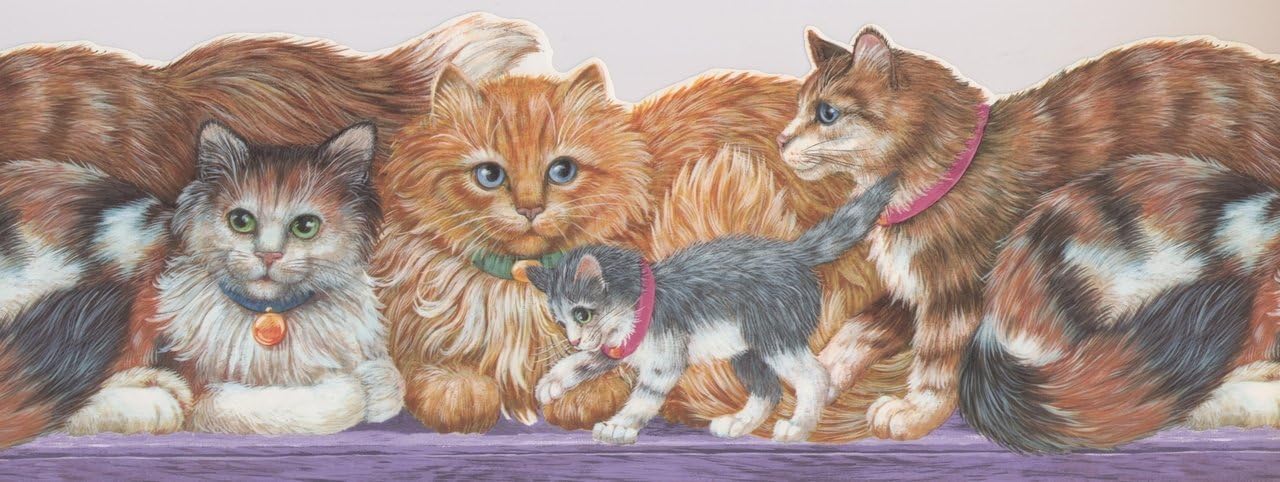 Cats with Green and Blue Collars on Purple Bench ISB4102B Wallpaper Border