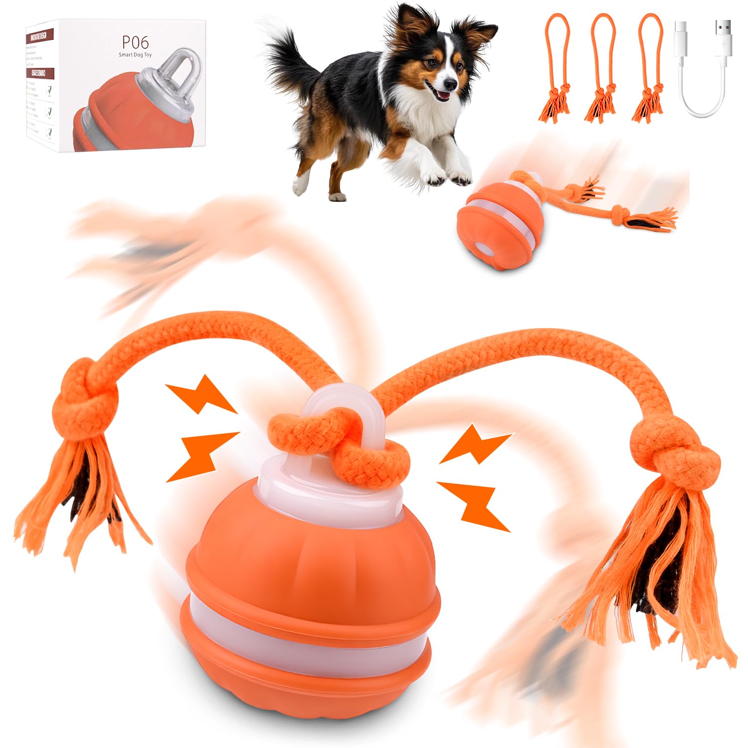 Jadyon Interaktives Hundespielzeug, Hundespielzeug Unzerstörbar, Interaktiver Spielball für Hunde, Hundeball Elektrisch Ball mit Schwanz 3 Spielmodi 3 Kauschnüren USB(Orange
