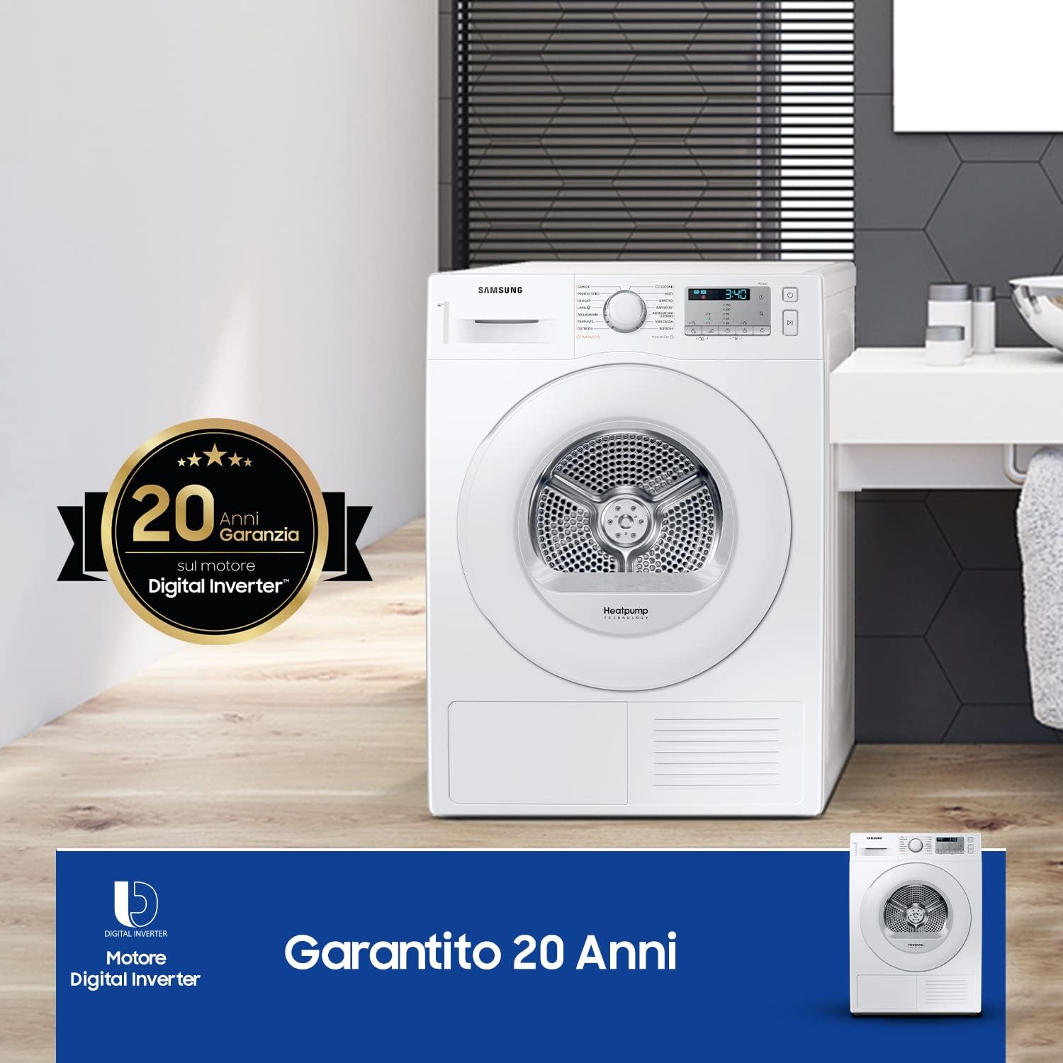 Samsung Asciugatrice Crystal EcoDry DV90TA040TH/ET, 9 kg, Pompa di calore, Carica Frontale. 60l x 85h x 60p cm Samsung Asciugatrice Crystal EcoDry DV90TA040TH/ET, 9 kg, Pompa di calore, Carica Frontale. 60l x 85h x 60p cm