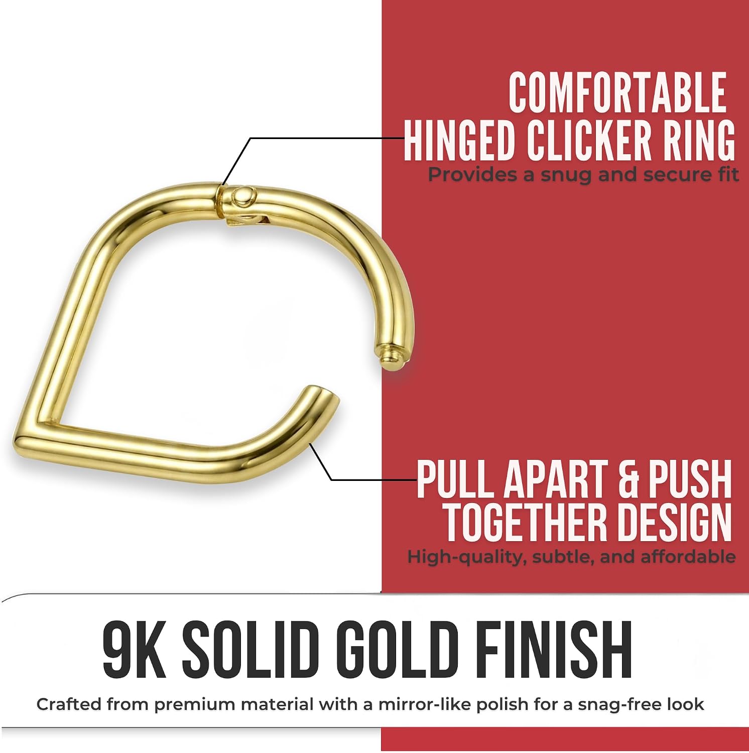9K Solid Yellow Gold Teardrop 18 Gauge Segment Nose Ring/Cartilage Earring- Rook Hoop/Daith Hoop/Tragus Ring/Helix Ring- Hinged Segment Ring