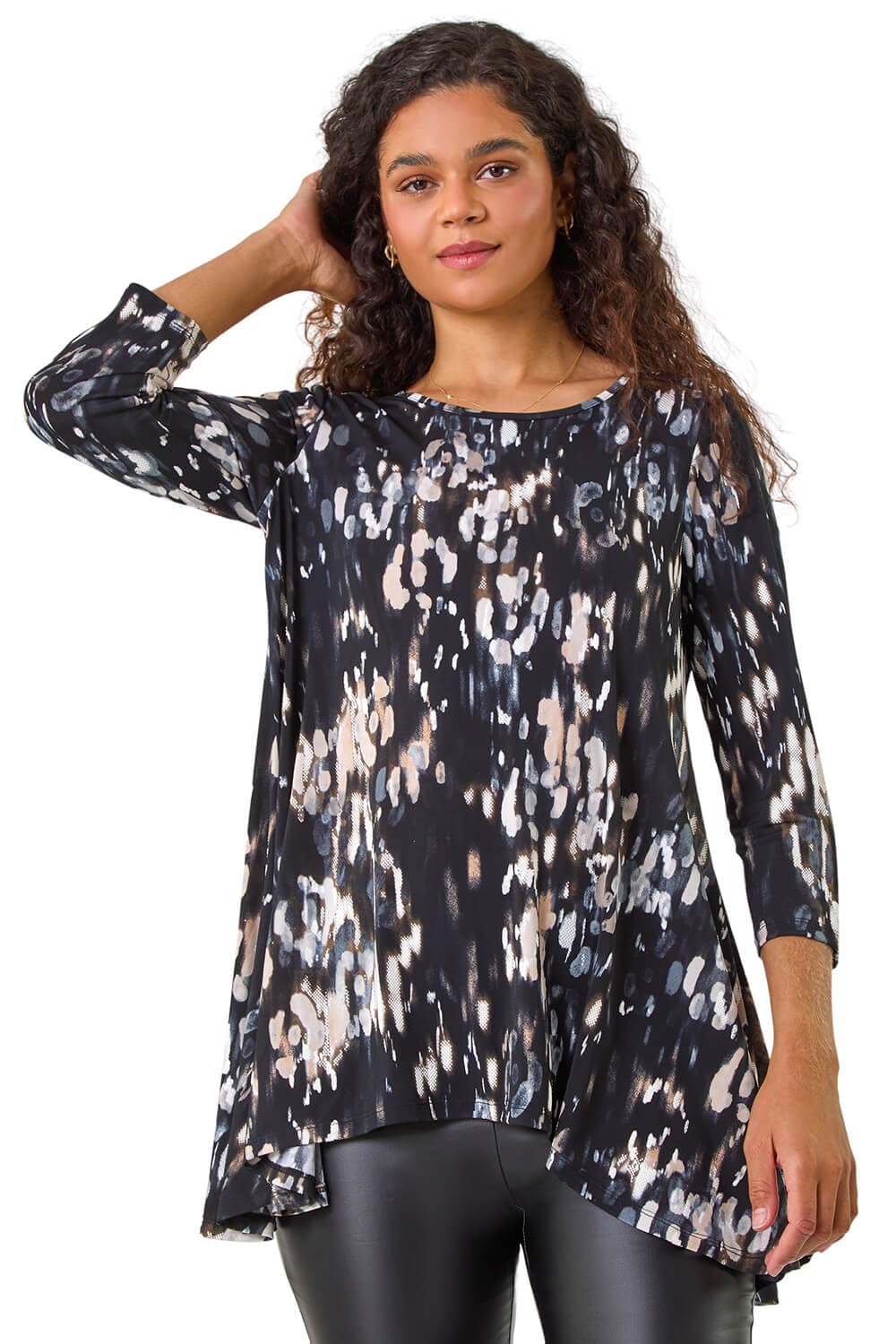 Roman Originals Hanky Hem Tunic Top for Women UK - Ladies Longline Blouse Asymmetric Hemline Casual Slouch Loose 3/4 Sleeves Round Neck Relaxed Comfortable Holiday - Taupe Noir - Size 12