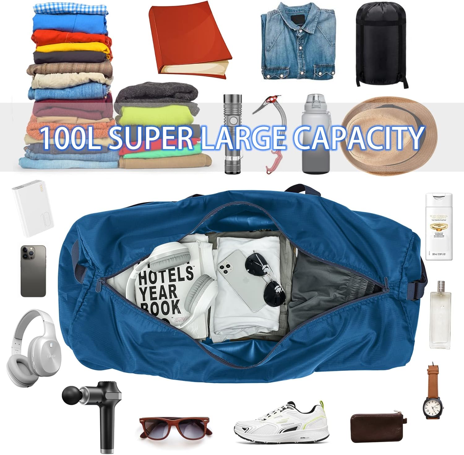 Extra Large Duffel Bag 32.5 inch 105L Lightweight Luggage for Travel Camping Storage-Blue - Image 5