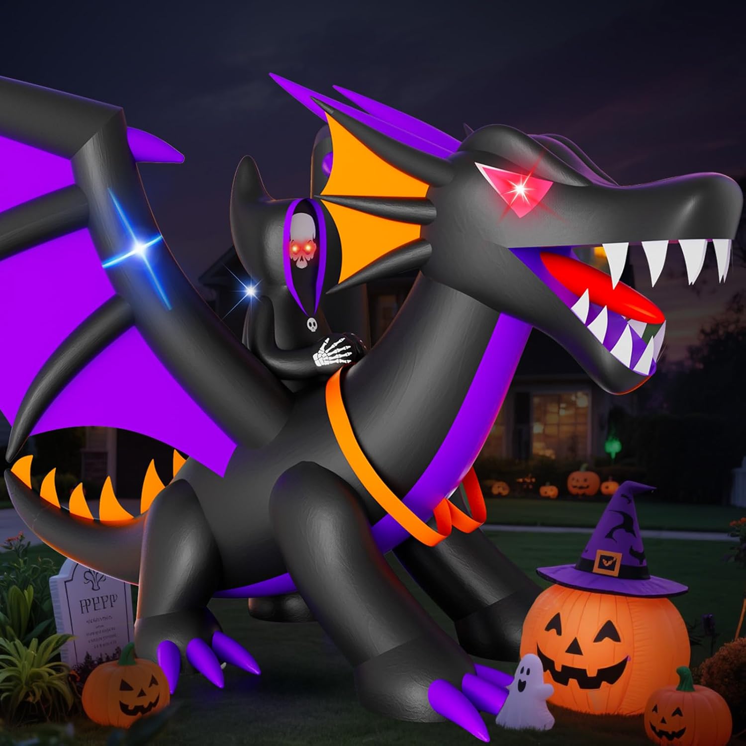 Skirfy 11FT Halloween Inflatable Dragon Decorations, Outdoor Large Scary Blow Up Dragon, Led Lights Halloween Fun Holiday Party Yard Garden Lawn Decor