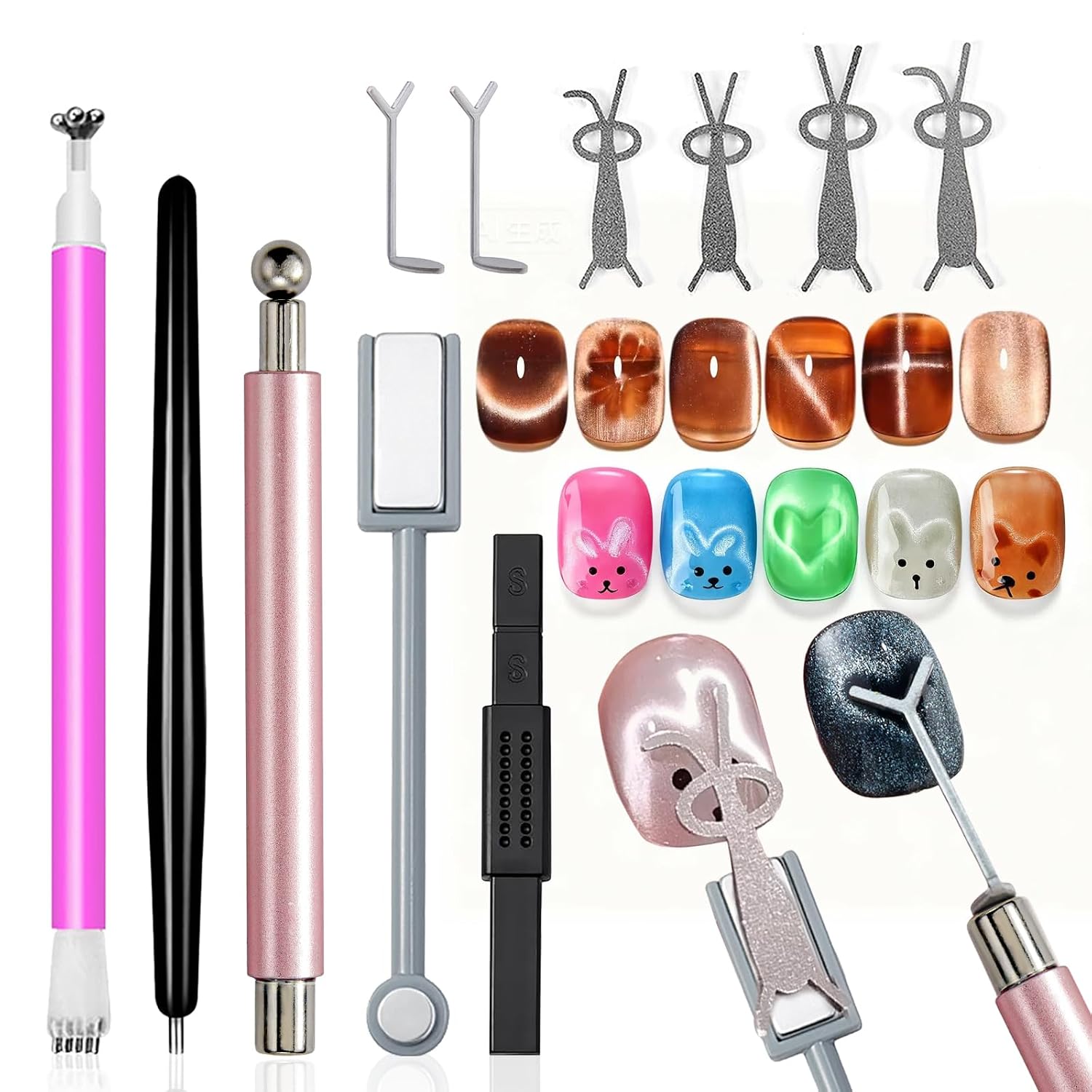 WOKOTO 5 PCS Cat Eye Magnets For Nails With 6 PCS Iron Stencils For Bunny And Heart Design Cat Eye Nail Designs Set, Double-Head Cylinder Nail Magnet Pen, Flower, Point, Block Nail Polish Magnet Set