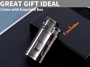 Castelar Cigar Torch Lighter Triple Flame Windproof Refillable Butane Cigar Lighter with Rest Holder Punch - Butane Not Included