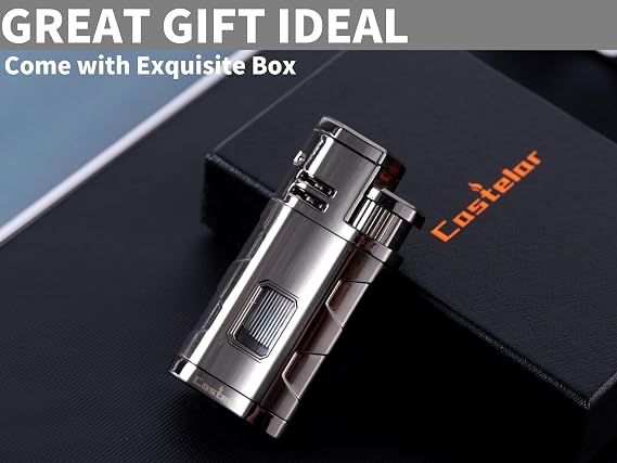 Castelar Cigar Torch Lighter Triple Flame Windproof Refillable Butane Cigar Lighter with Rest Holder Punch - Butane Not Included
