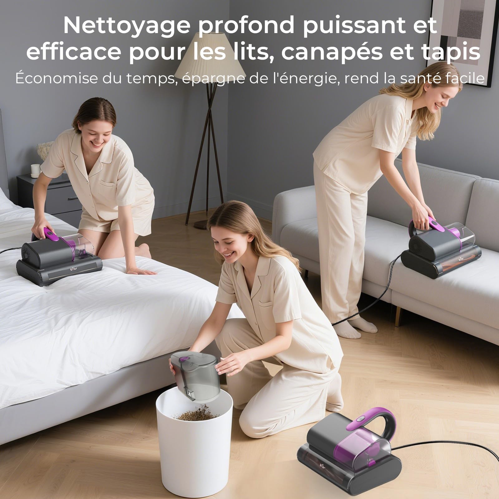 Bear Aspirateur anti-acariens matelas, 15 kpa, 35000 tr/min, UV-C, punaises de lit, 99,9 % bactéries, allergènes, 4 m