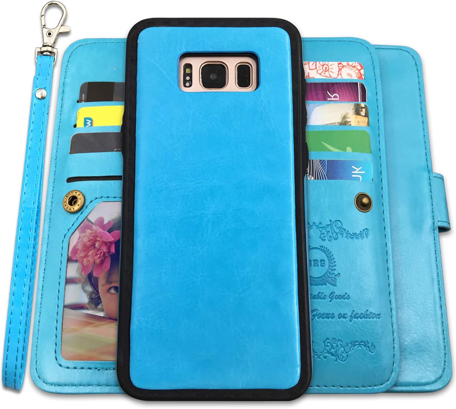 Galaxy S8 Plus Cases,Magnetic Detachable Lanyard Wallet Case with [8 Card Slots+1 Photo Window][Kickstand] for Galaxy S8 Plus-6.2 inch, CASEOWL 2 in 1 Premium Leather Removable TPU Case(Blue)