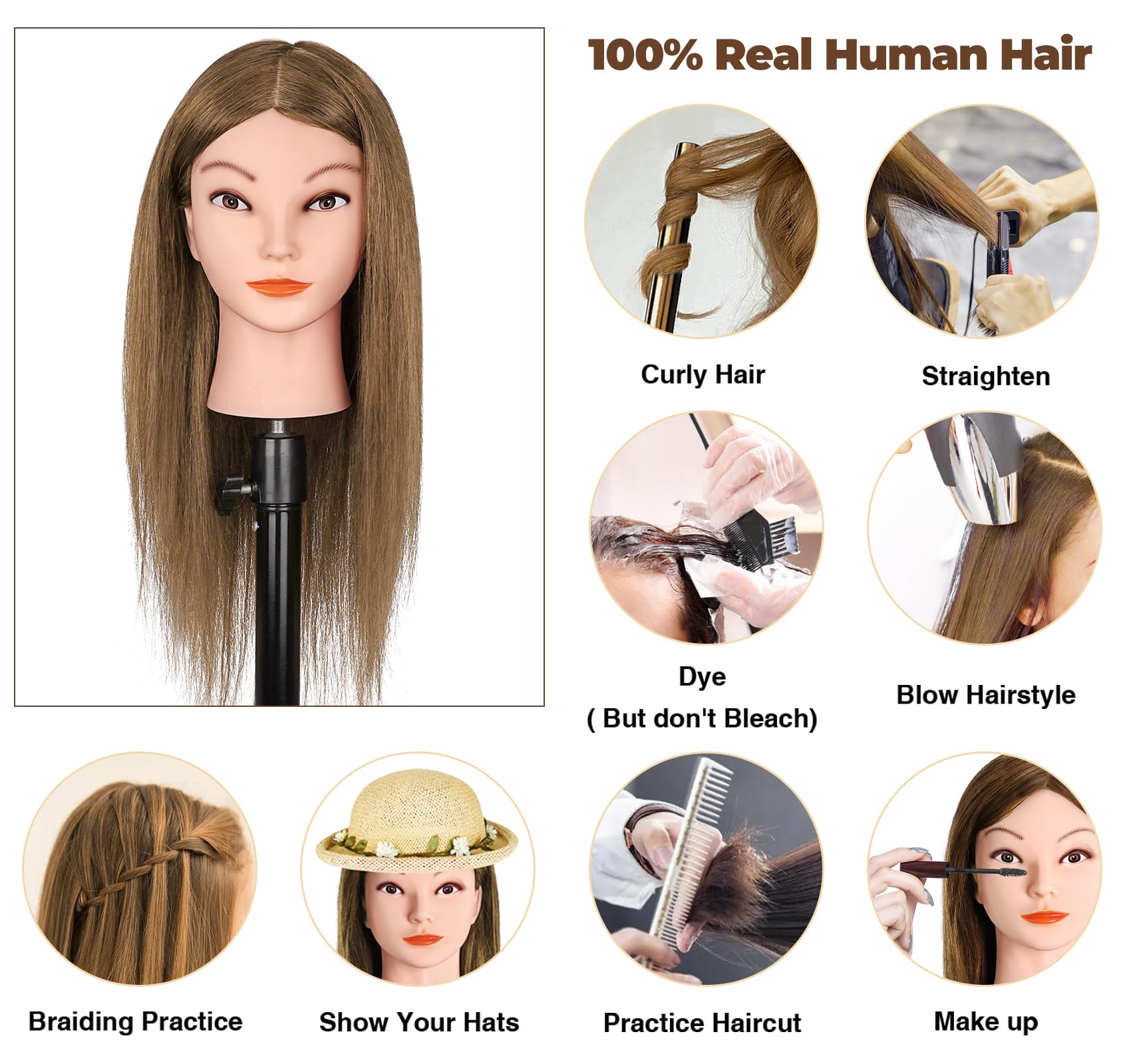 Cabeza de maniquí con cabello humano 100% real, 18 pulgadas, cabello castaño dorado, cabeza cosmetológica, cabeza manicana de muñeca para practicar estilos de cabello, cabeza de 5