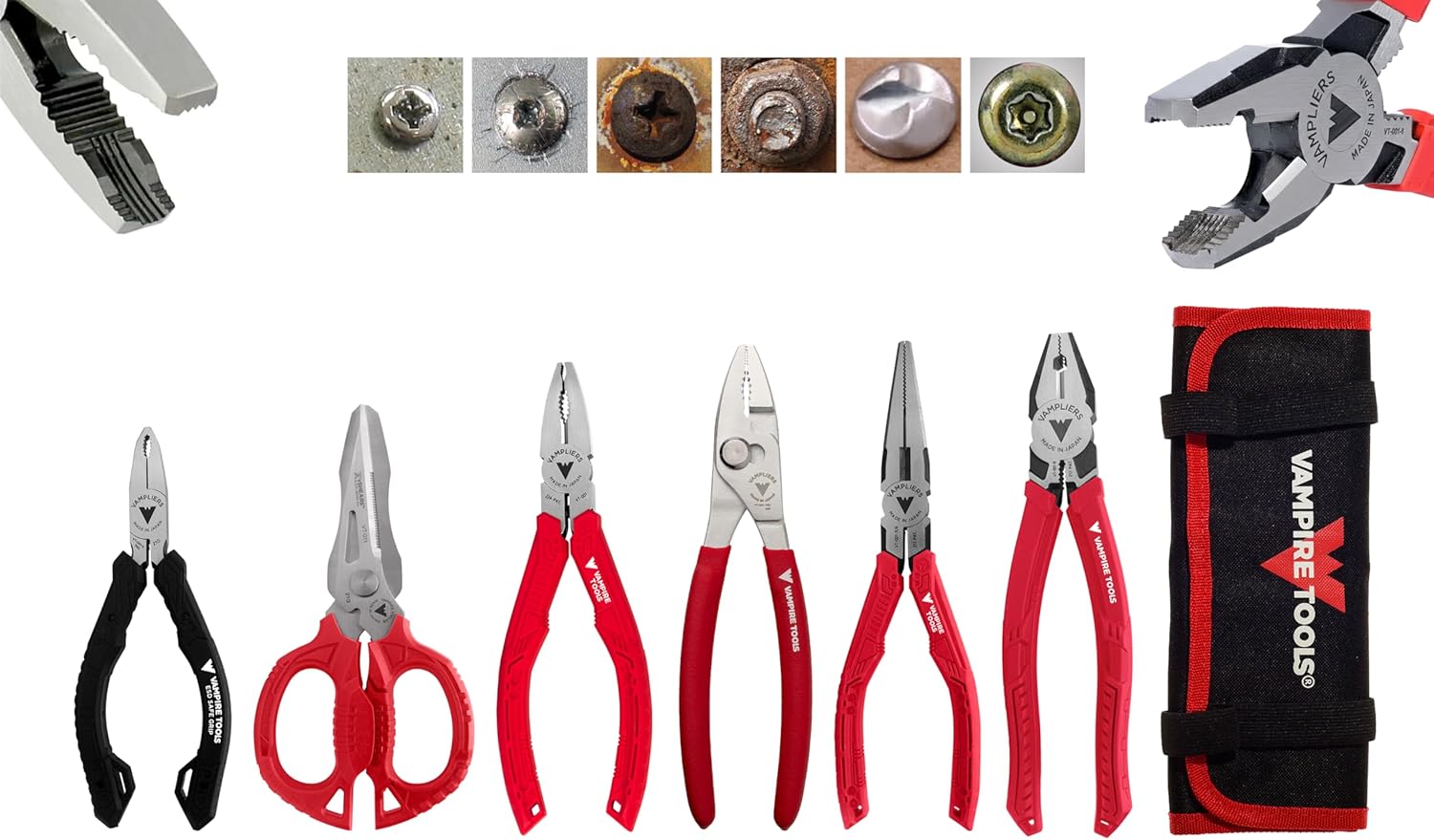 VAMPLIERS 6-PC Screw Extractor Pliers & Scissors Tool Set. Made in Japan: 8" Linesman Pliers, 7.5" Long Nose, 7" Slip-Joint, 6.25", 5" Mini Plier, Utility Shears + Tool Pouch.