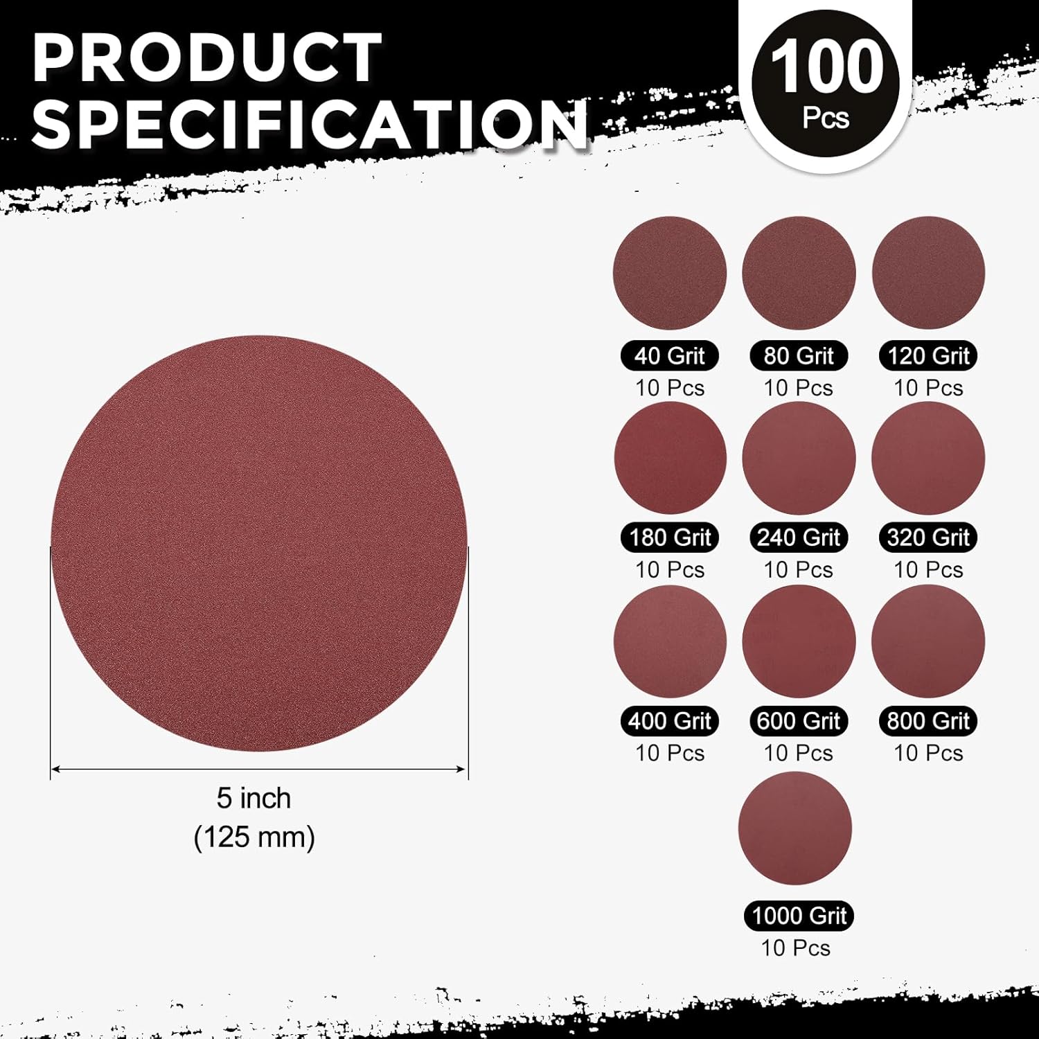 100 Pack Sanding Disc Kit 5 Inch 40/80/120/180/240/320/400/600/800/1000 Grit Hook and Loop Random Orbital Sandpaper for Drywall Sander Wood Metal