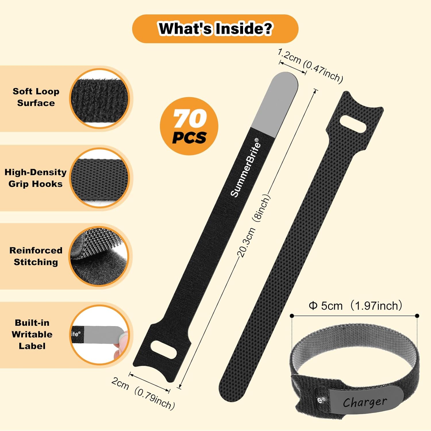 SummerBrite 70 Pack Black Cable Ties 8 Inch with Writable Labels, Reusable Cord Organizer Straps, Hook & Loop Wire Management for Extension Cords, Garage Tools, Power Strips & Heavy Duty