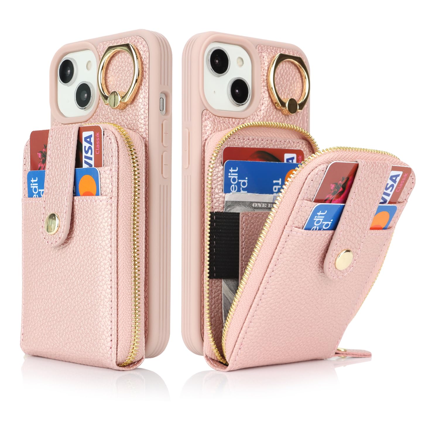 Compatible With IPhone 15 Pro 6.1 Inch Wallet Phone Case Tempered Glass Screen Protector Wrist Crossbody Strap Stand Credit Card Holder Rfid Slot Cell Cov