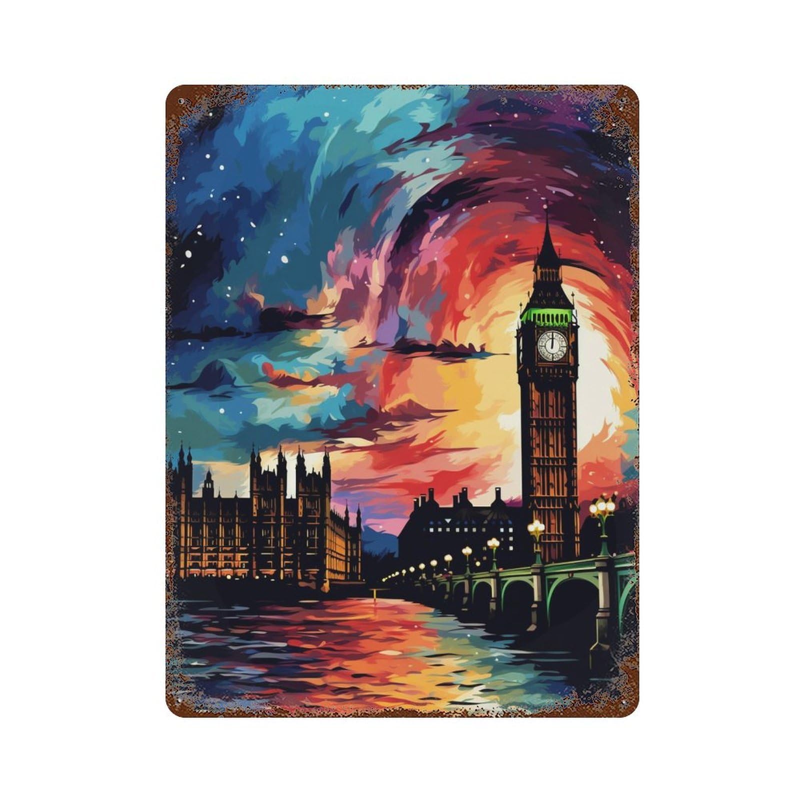 Decorative Tin Sign with London Skyline with Big Ben Design 15.7"x11.8", for Basement, Hobby Room And Garage Decor, Farmhouse Wall Decor