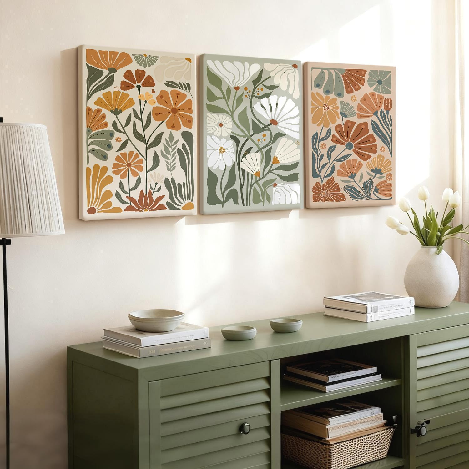 Kdyudo 3 pcs Framed Bohemian Wildflower wall art, Abstract Floral Canvas Print Green and Beige Hand-Painted Botanical Poster Modern Minimalist Style Wall Decor for Bedroom and Living Room 12x16 Inch