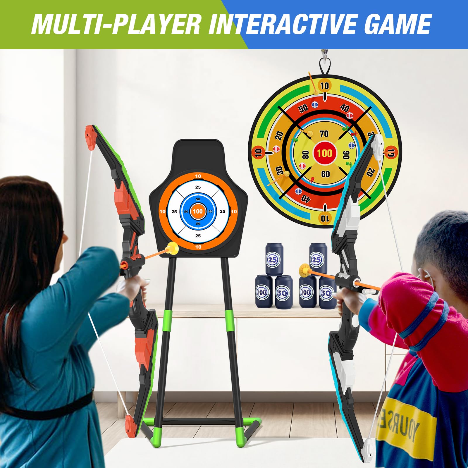 Paquete de 2 arcos y flechas para niños con tablero de dardos grande de 29 pulgadas, juego de tiro con luz LED con 24 flechas de ventosa, juguetes deportivos para interiores y exteriores, regalos 4