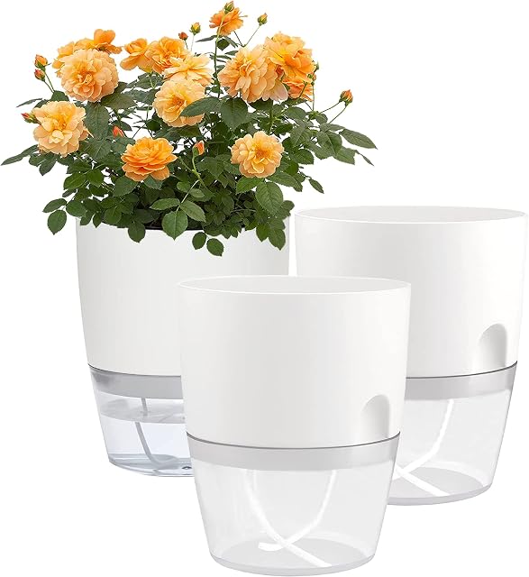 Self Watering Planters for Indoor Plants, 3 Pack 6 Inch African Violet Pots | Modern Decorative Flower Pots with Transparent Water Reservoir, Perfect for Indoor House Plants, Flowers (White)
