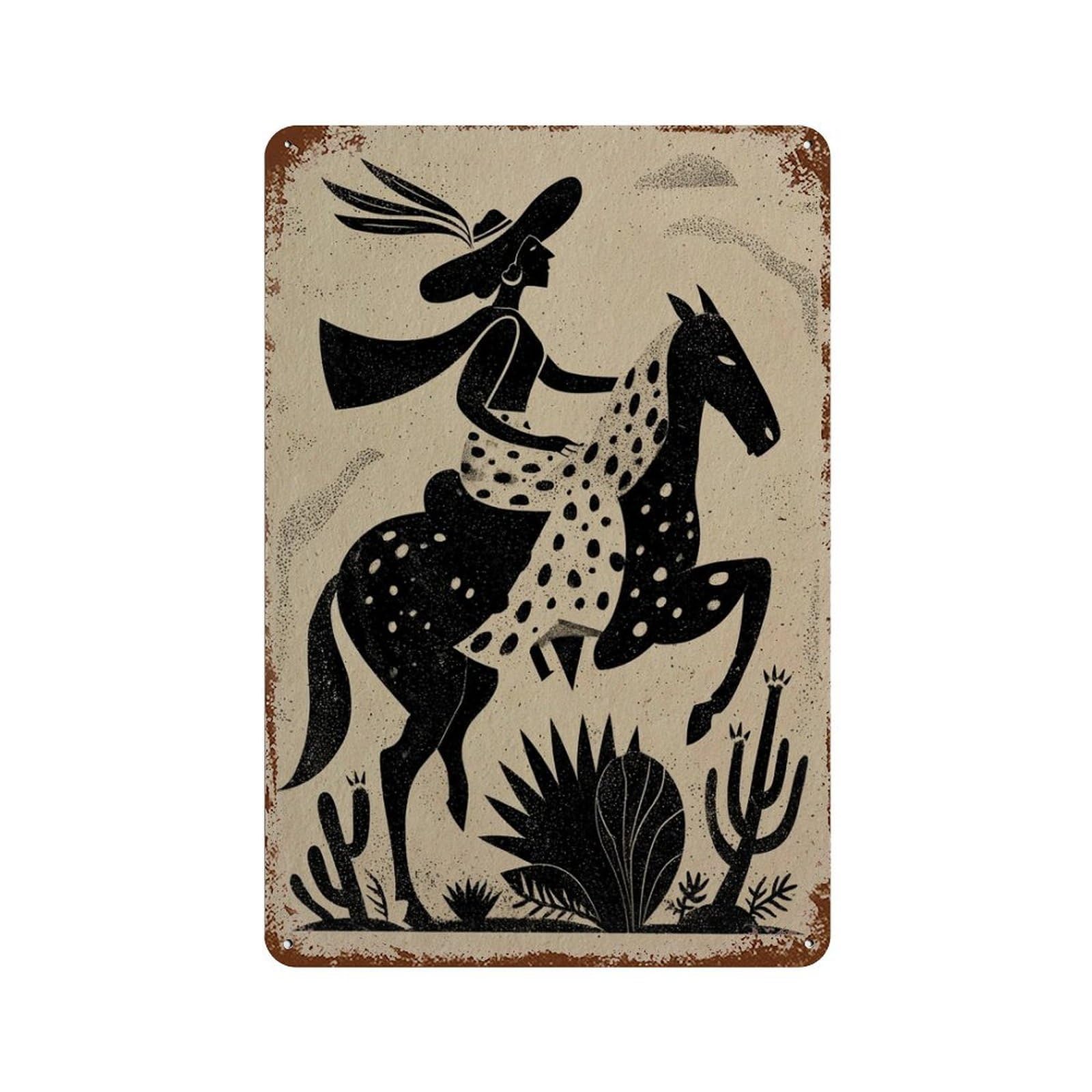 xiaoxiaoshen Cowgirl Western Desert Rider Folk Style Black And White Horse Rustic Southwester Wall Decor Art Metal Tin Poster Modern Home Decor Art Home Bar Shop Decorations Vintage Sign 30x20cm