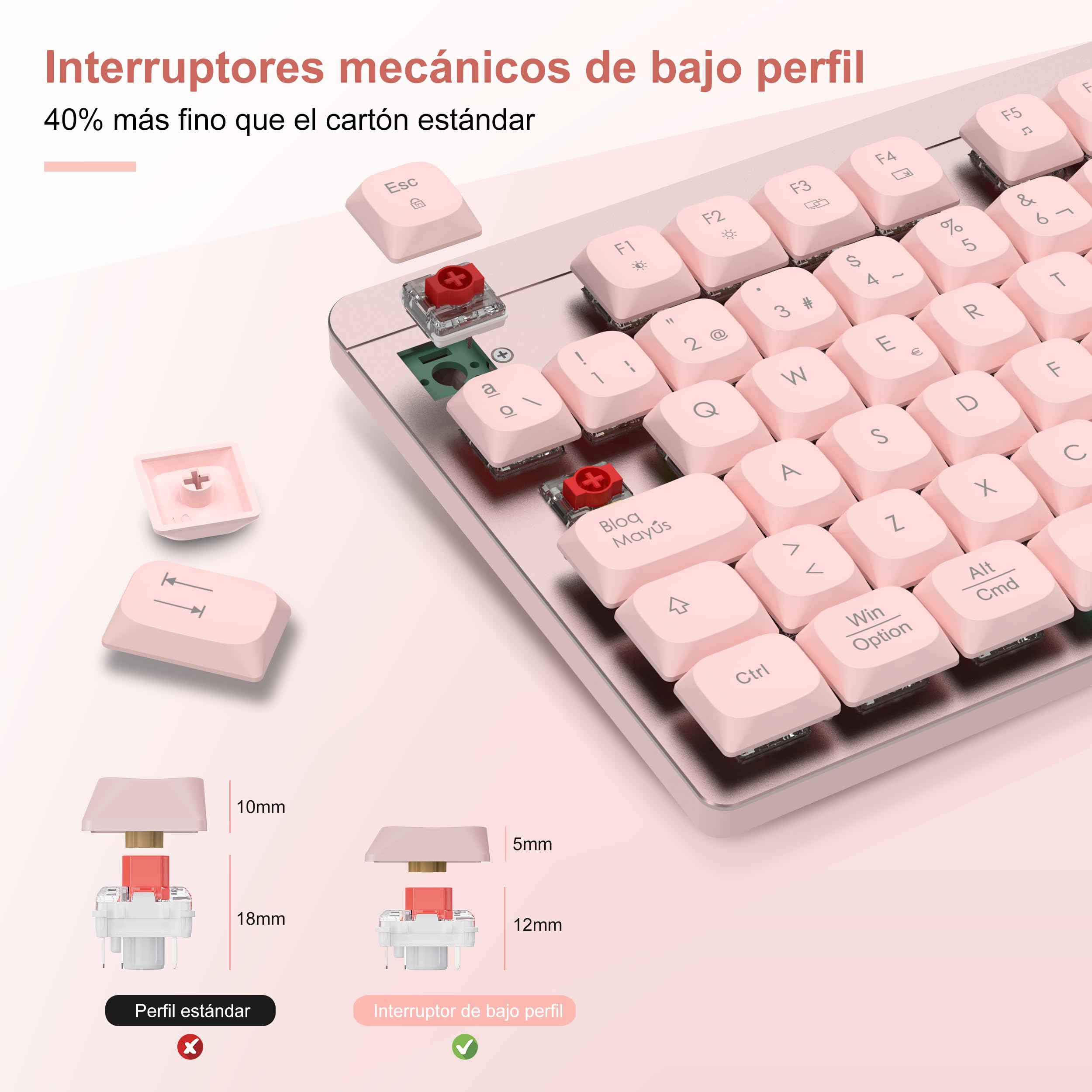 LeadsaiL Teclado Mecánico de Perfil Bajo, FA98 Pack Teclado y Ratón Inalámbrico con Switch Rojo, 2.4GHz Conexión, Linear Teclas QWERTY Español Keyboard con Teclado numérico para Windows, Mac-Rosa