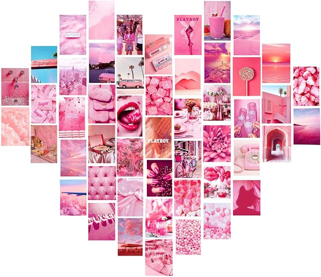 Taasmoog 50 Pcs Wall Collage Kit Aesthetic Pictures, Aesthetic Posters, Dorm Photo Display, Front and Back Double Sided Poster, for Bedroom Aesthetic, Images Photo Prints (Pink)
