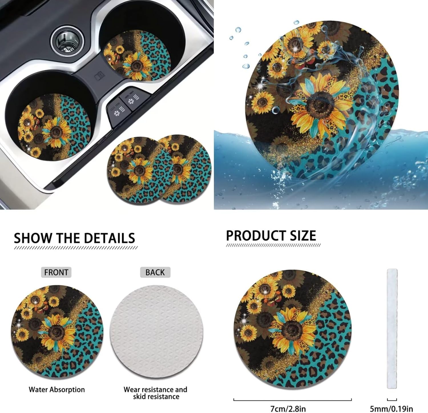 FKELYI Full Set Car Interior Accessories - Sunflower Leopard Seat & Headrest Covers, Steering Wheel, Gear Shifter & Handbrake Covers, Cup Coasters