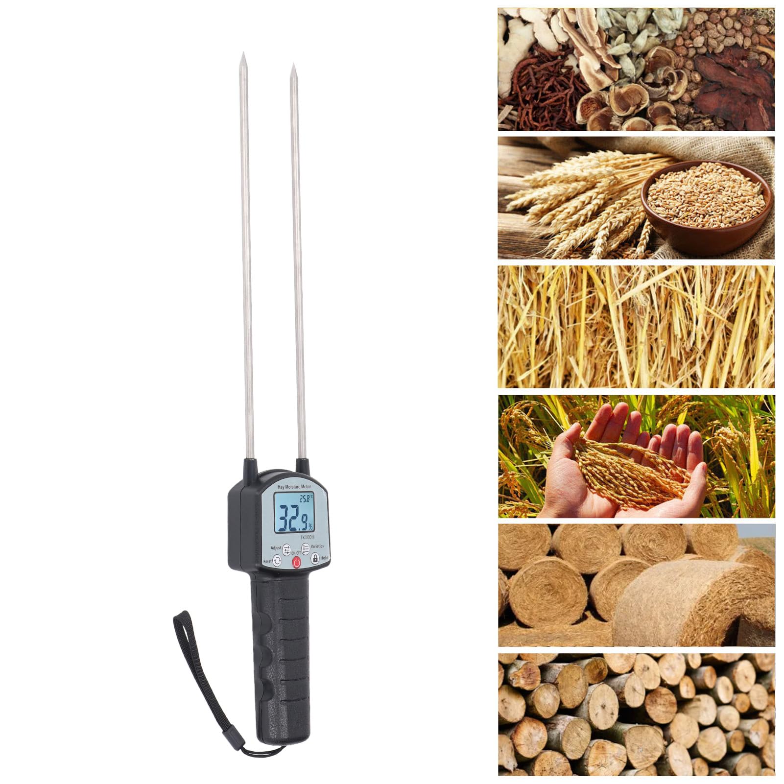 Upgrade TK100H Heu-Feuchtigkeitstester, Tragbares Heufeuchtemessgerät mit Tasche, Präziser Heufeuchtetester mit Sonde für Getreidestroh, Futter, Leymus Chinensis, Bereich 0-80%